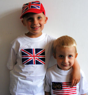 Boys wearing flag baseball cap and flag t-shirts