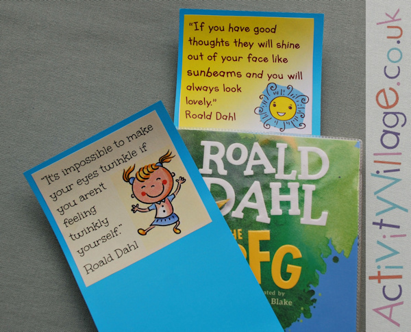 Roald Dahl lunch box quotes from Activity Village turned into bookmarks