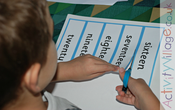 Cutting out number word cards