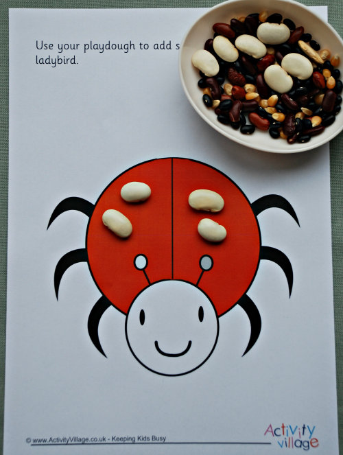 Ladybird playdough mat with an assortment of counting beans
