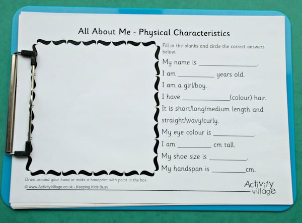 All About Me - Physical Characteristics printable