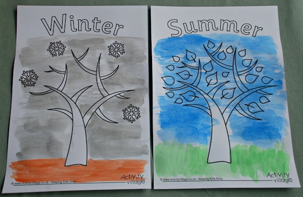 Winter and summer trees with backgrounds painted