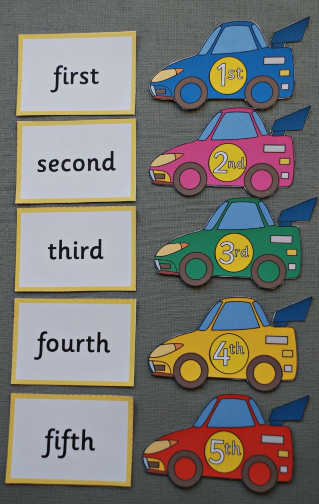 Matching ordinal number word cards to racing card cards