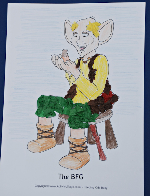 BFG colouring page from Activity Village with added tissue paper for interest and texture