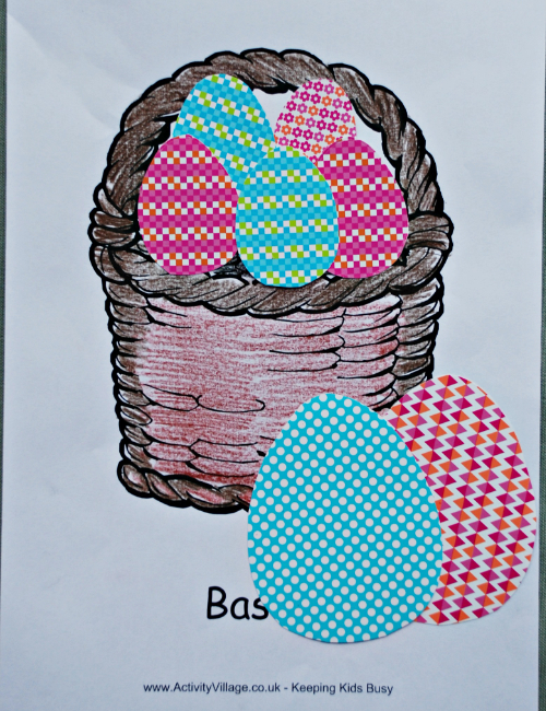 Basket colouring page filled with Easter eggs