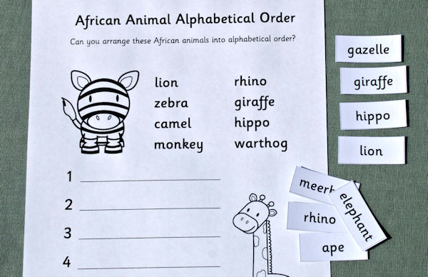 African animals alphabetical order