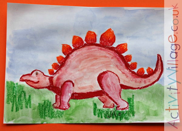 Stegosaurus with water colours added for the background details