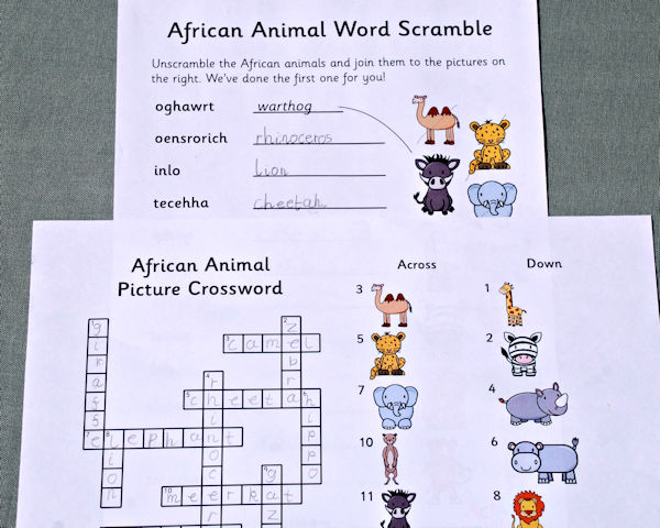 African animals word scramble and crossword