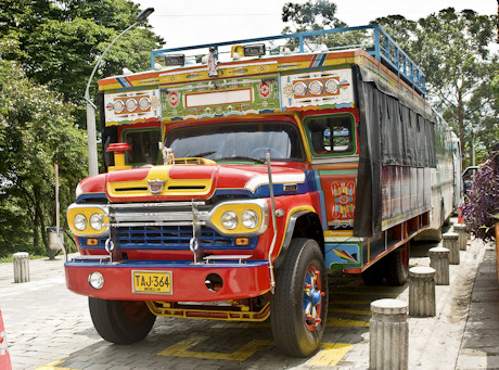 Chiva trucks, or chivas, are common transport in Colombia