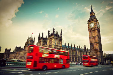 Houses of Parliament and London buses, London, capital city of England