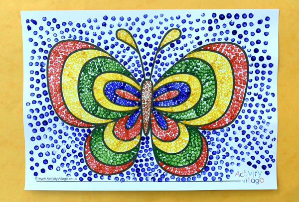 One finished dotty butterfly using a colouring page