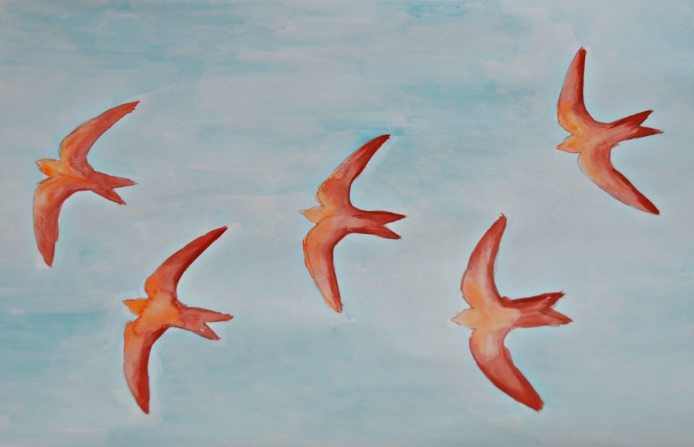Swallows painted with templates on a watercolour background, with shadow effects