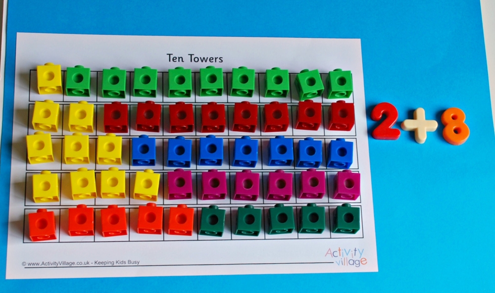 Ten towers using snap cubes and magnetic numbers