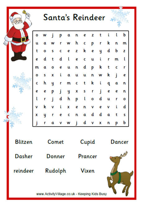 Santa's Reindeer Word Search Puzzle