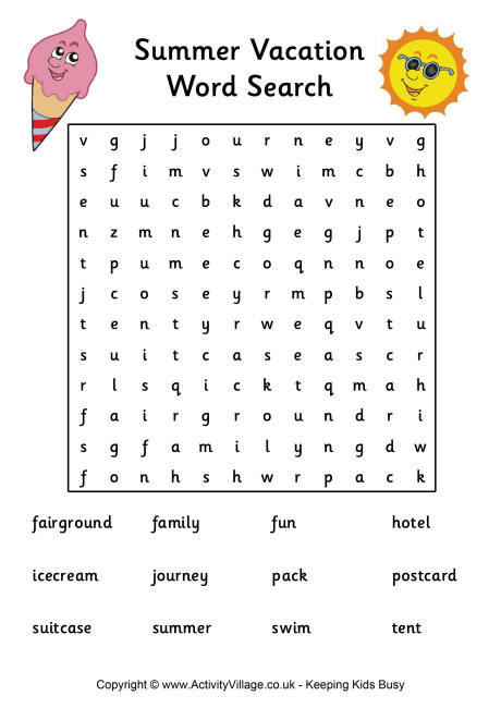 Summer Vacation Word Search Medium