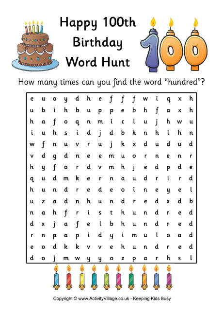 100th birthday word hunt