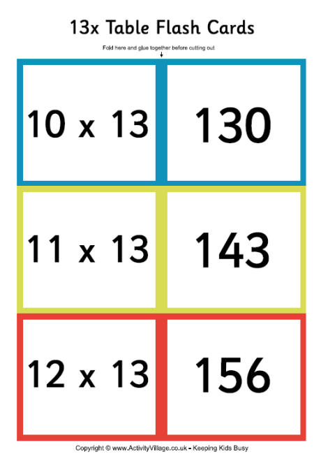13 Times Table - Folding Flash Cards
