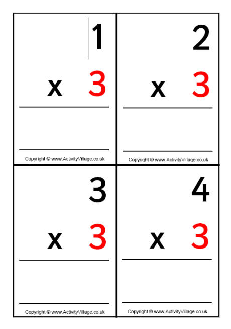 3 times table - large flash cards 