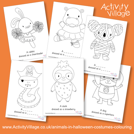 Animals in Halloween costumes colouring pages