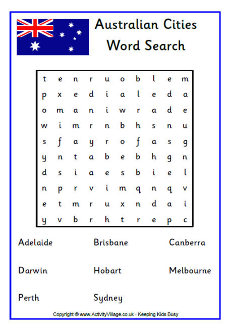 australian cities word search