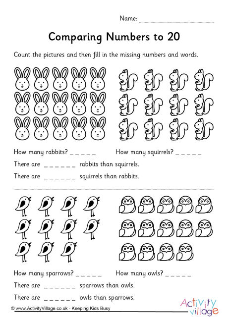 Comparing numbers to 20 worksheet wildlife