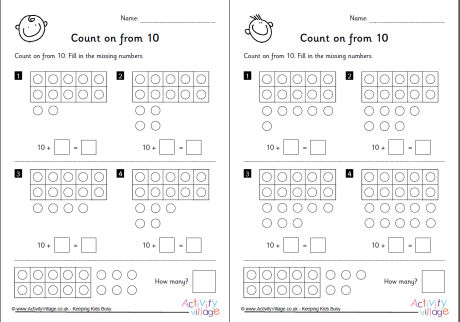 Count on from 10 Worksheets Set 3