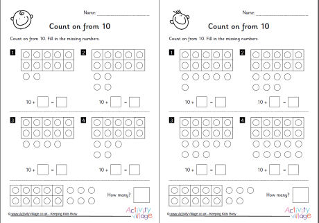 count on from 10 worksheets set 3