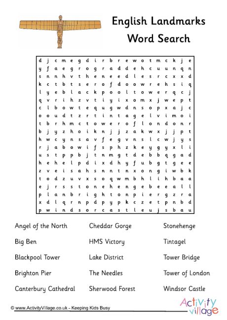 England landmarks word search