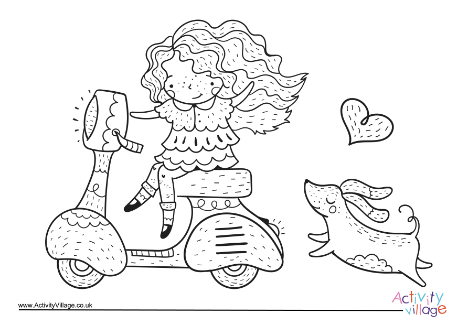 Girl on scooter colouring page