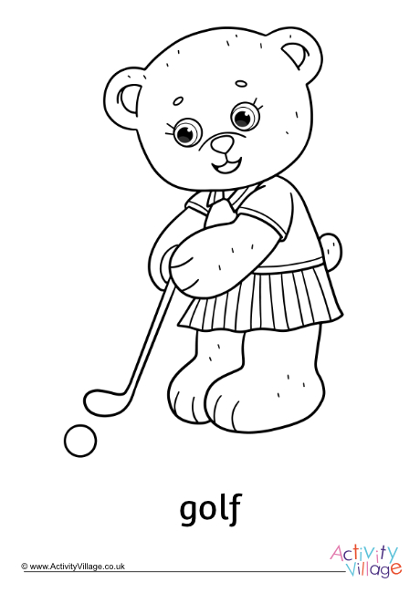 Golf teddy bear colouring page