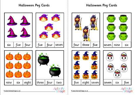 Halloween number word peg cards