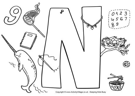 I Spy Alphabet colouring page N
