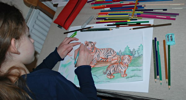 Working on her tigers scene colouring page