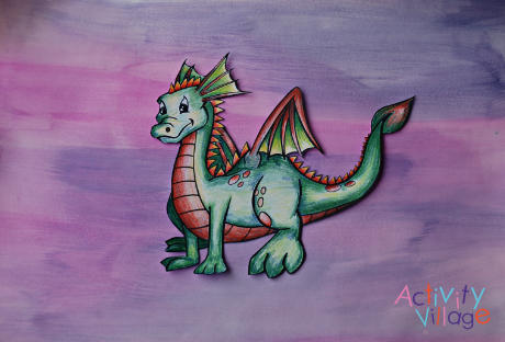The same dragon on a purple-pink washed background