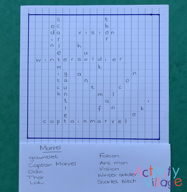 A second attempt at the Marvel word search, with a smaller grid
