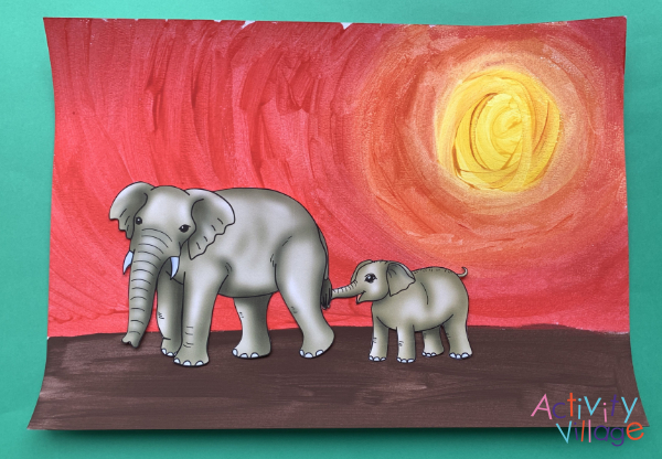 Mother and baby elephant on our red background
