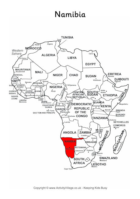 Namibia on map of Africa