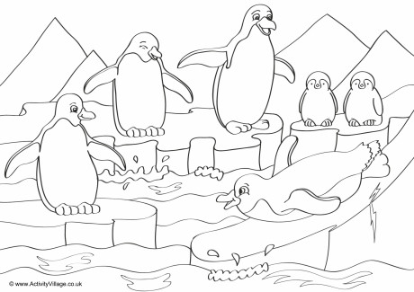 penguins scene colouring page