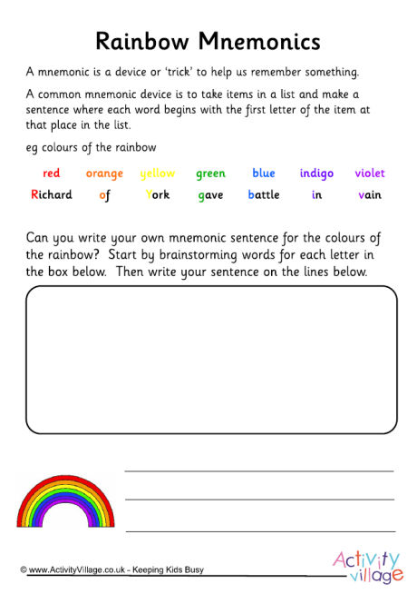 Rainbow mnemonics worksheet