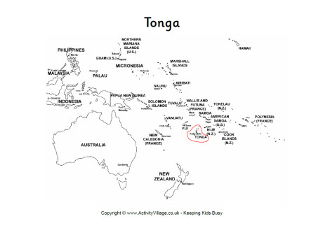 Tonga on a map of Oceania