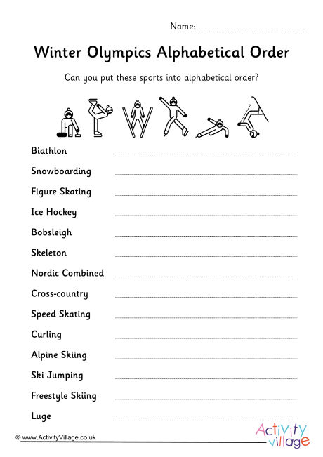 Winter Olympics alphabetical order worksheet 2