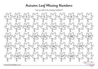 Autumn Leaf Missing Number Worksheet to 50