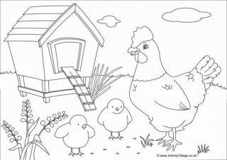 Chickens Scene Colouring Page