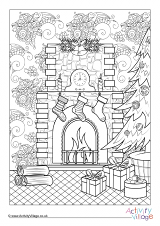 Christmas Fireplace Doodle Colouring Page