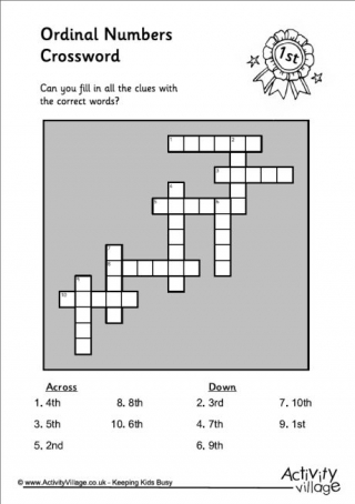 Ordinal Numbers Crossword