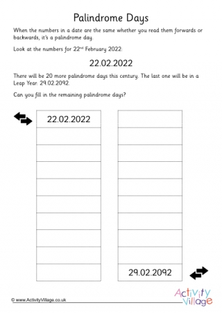 Palindrome Days Worksheet