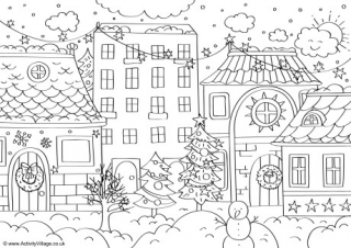 Winter Street Colouring Page