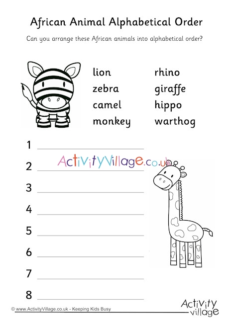 African Animal Alphabetical Order 1