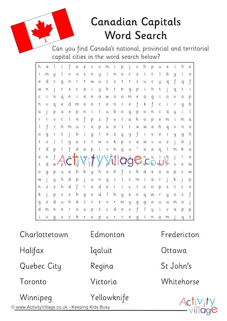 canadian capitals word search