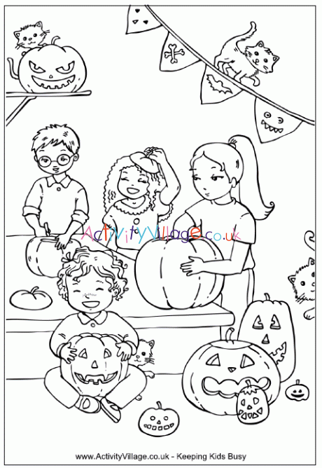 Carving pumpkins colouring page